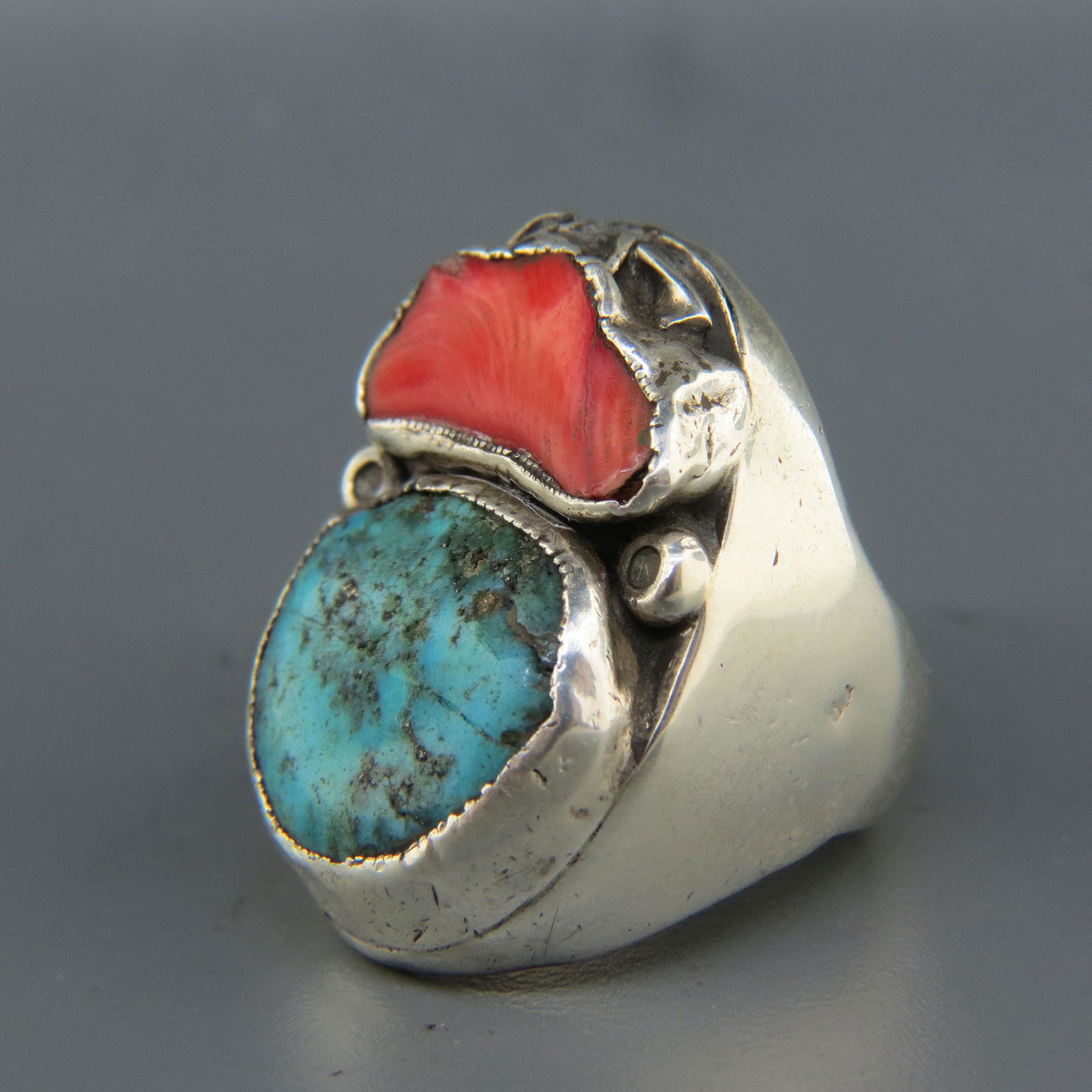 Navajo Turquoise, Coral & Sterling Man's Ring, (1 of 6)