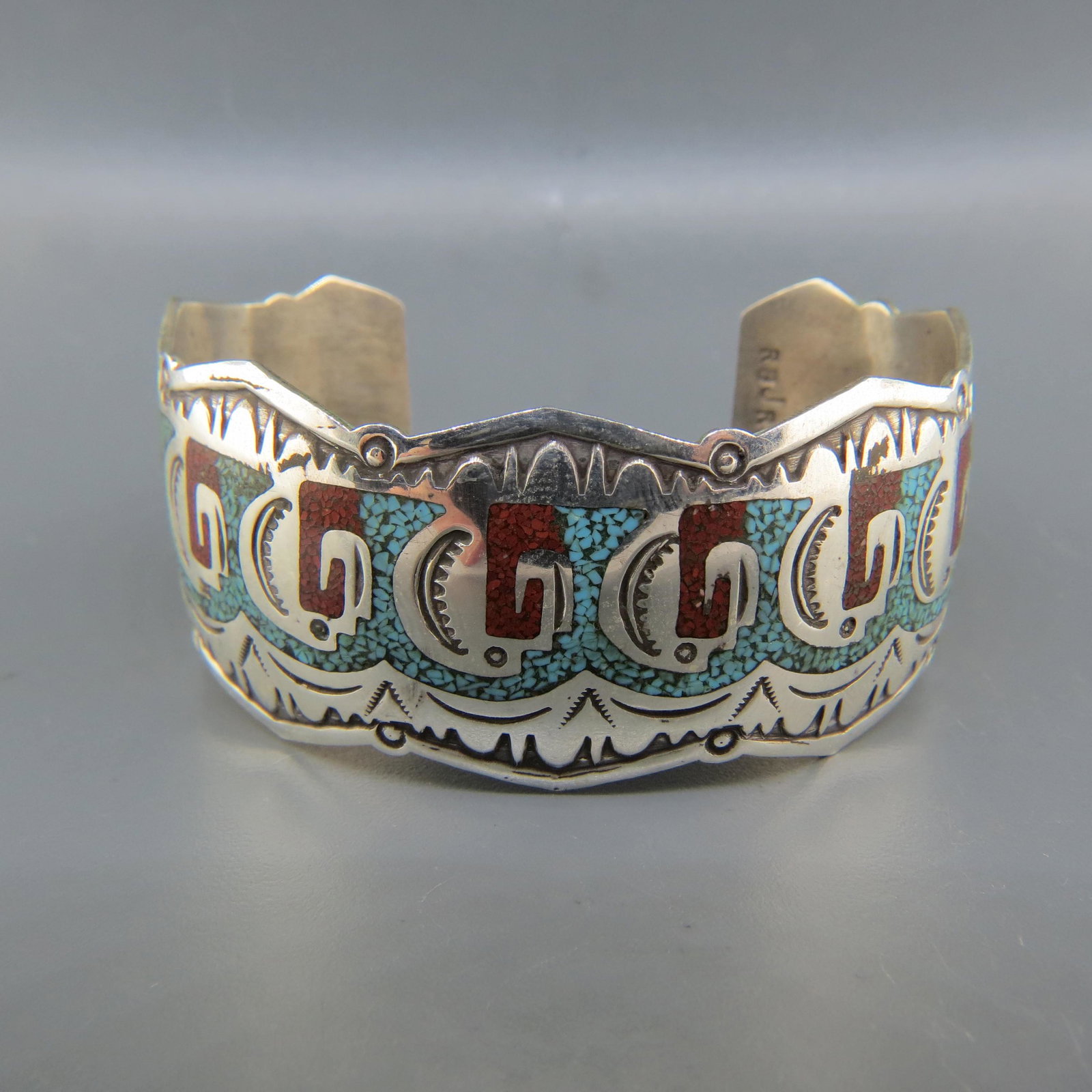 Randy Begay, Jr. Navajo Turquoise & Coral Brcelet,: cuff style, signed, inlaid, mosaic style, 2 1/2" X 2" with 1" opening gap, 42 grams.