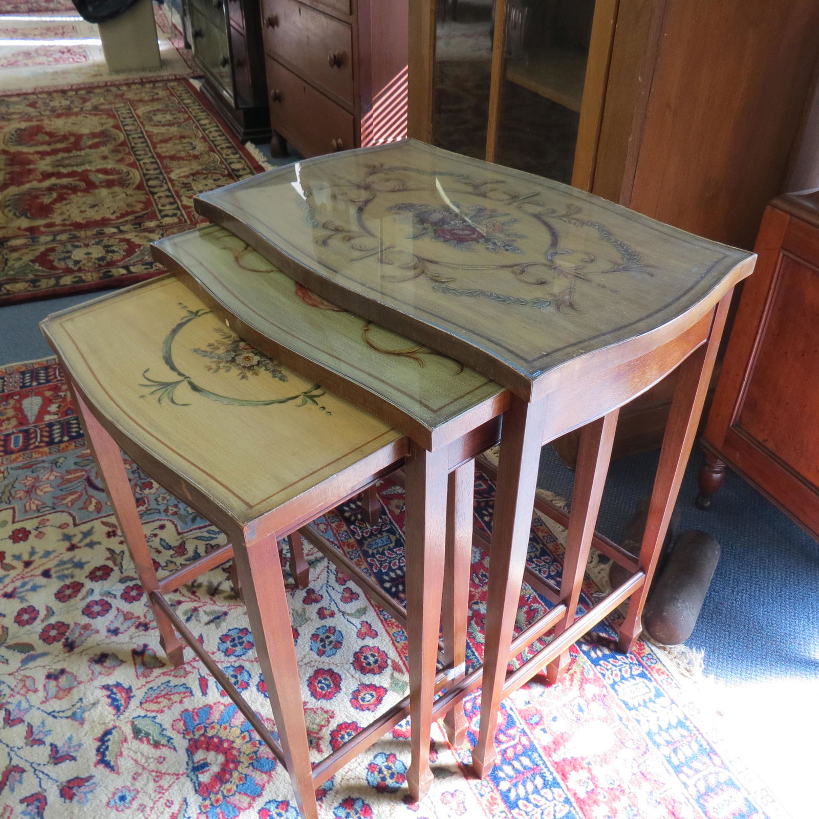 Italian Hand Painted Fruitwood Nest of Tables,: largest is 29" tall, 23 1/2" wide.