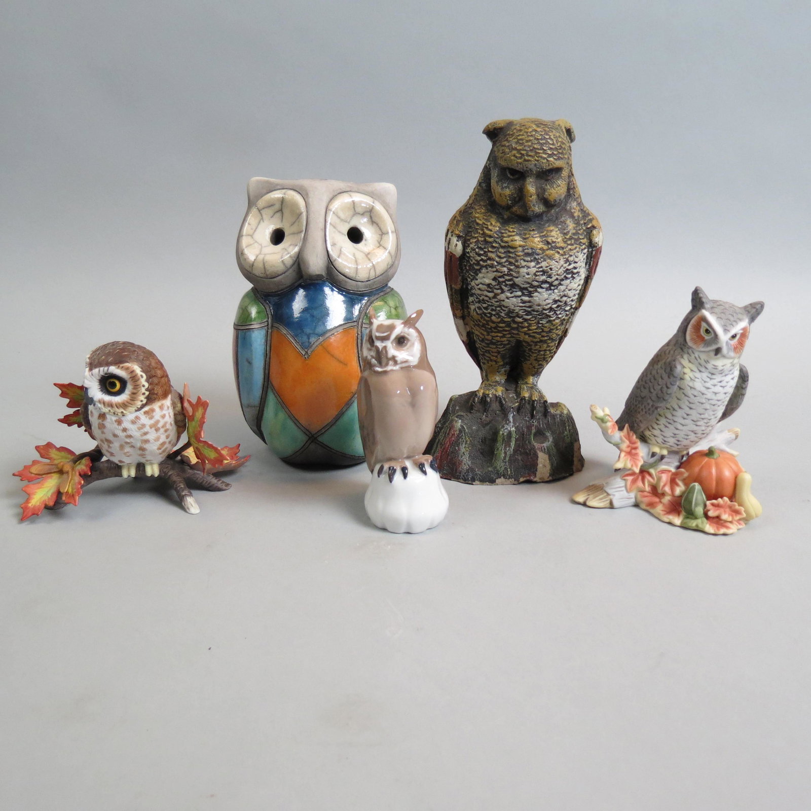Lot of 5 Owl Figurines,: Bing & Grondahl, Lenox and others, 4" to 8".