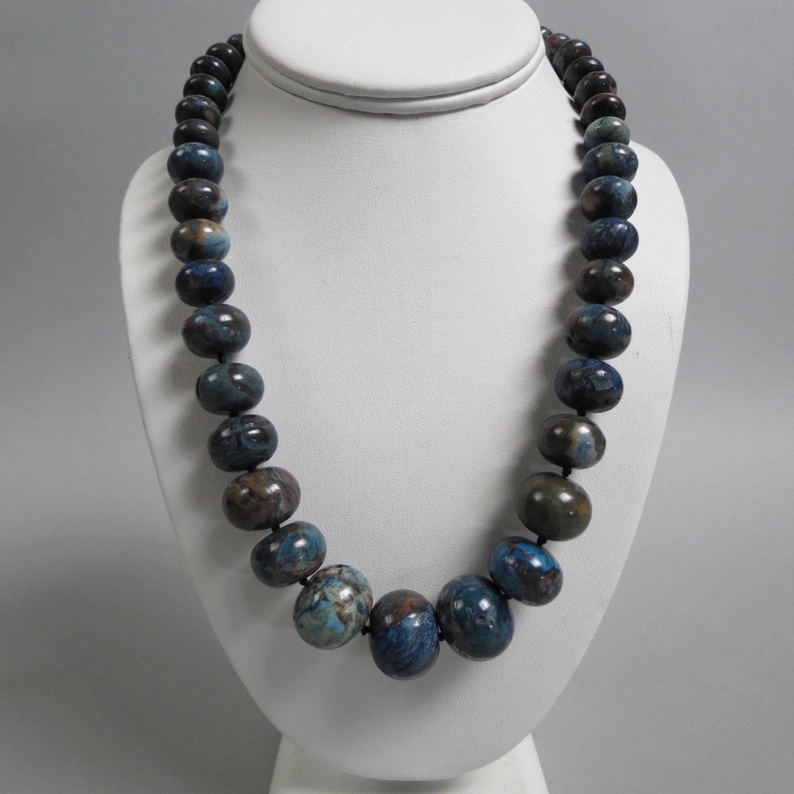 Blue Sea Sediment Jasper Bead Necklace,: also known as Variscite, 41 graduated 10 to 20mm, sterling clasp, up to 21" long.