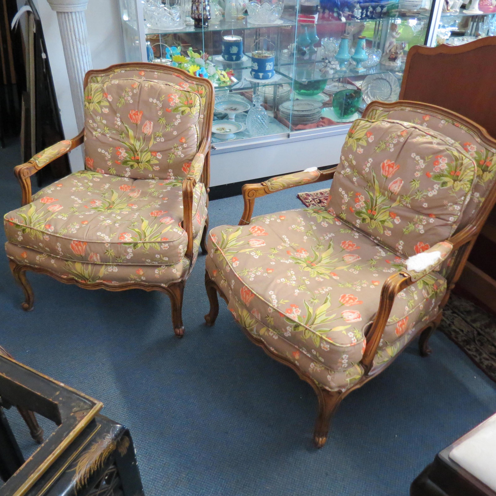 Pair of Baker Bergere Style Arm Chairs,: carved, floral upholstery (needs replaced).