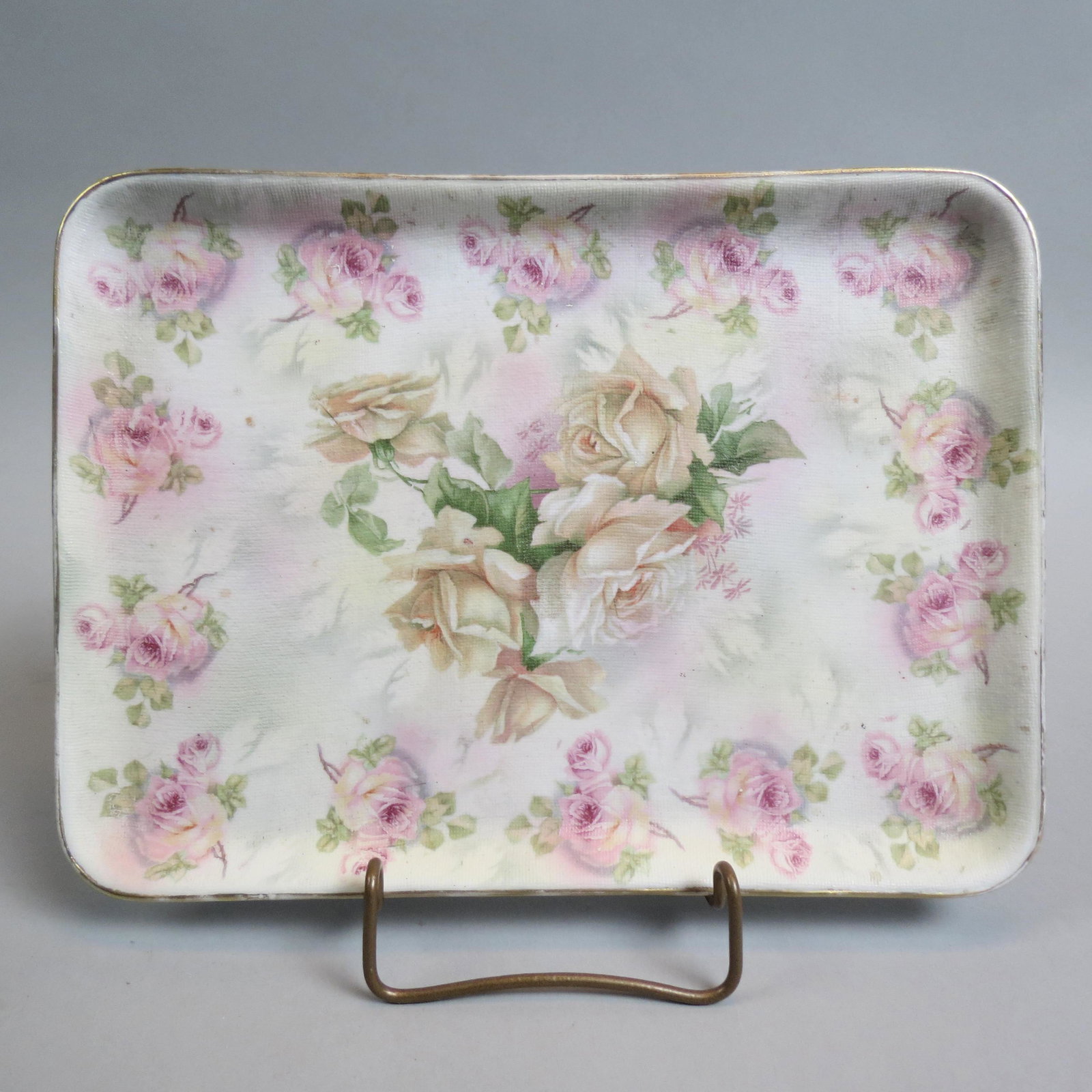 Royal Bayreuth Porcelain "Rose Tapestry" Tray,: dresser tray size, 7 1/4" X 10", signed.....Royal Bayreuth is the name of a factory that was founded in Tettau, Bavaria, in 1794. It closed in 2019. The marks have changed through the years. A stylize
