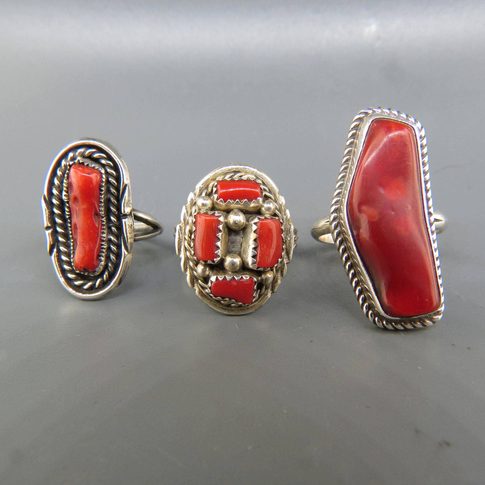 3 Native American Coral & Sterling Rings, (1 of 5)