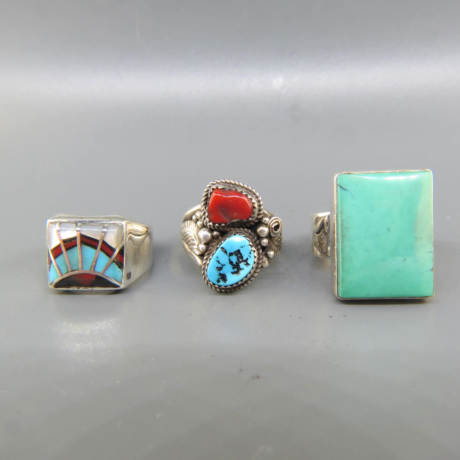 3 Native American Sterling Rings with Turquoise, (1 of 5)