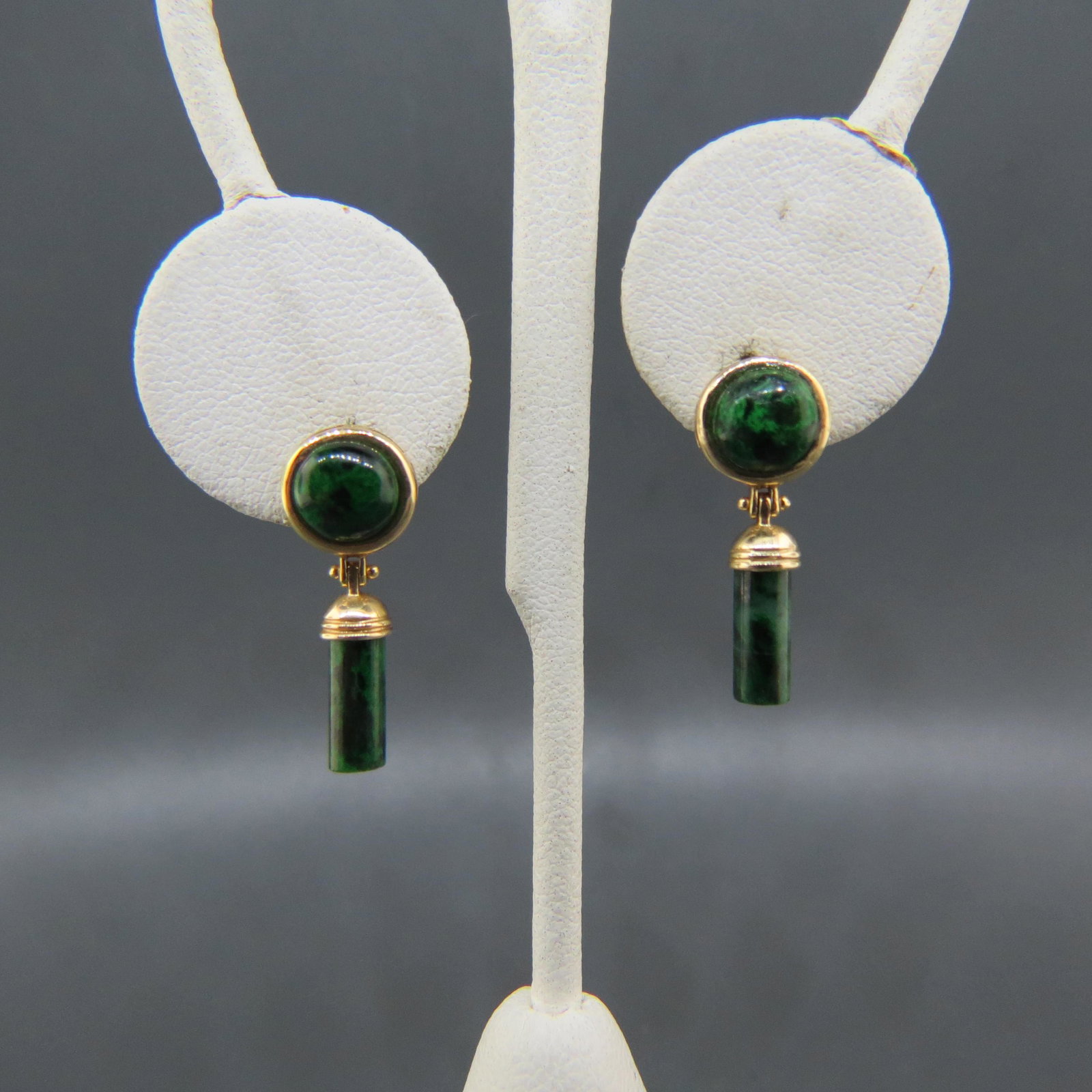 Green Chrysocolla 14K Gold Earrings,: cabochon and cylindrical stones, 14K yellow gold, pierced style, 3.4 grams, dangle, 7/8" long total.