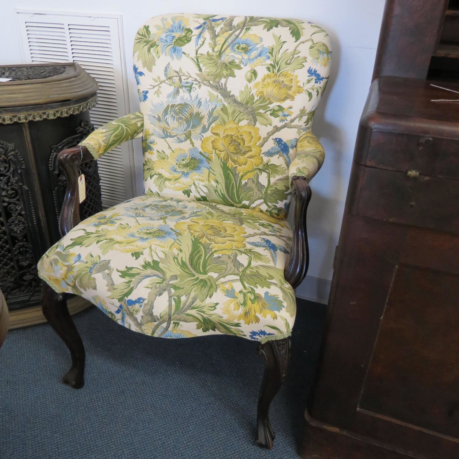 Queen Anne Open Arm Chair,: low back with slipper style feet, carved curved arms, 36" tall, 23" wide.