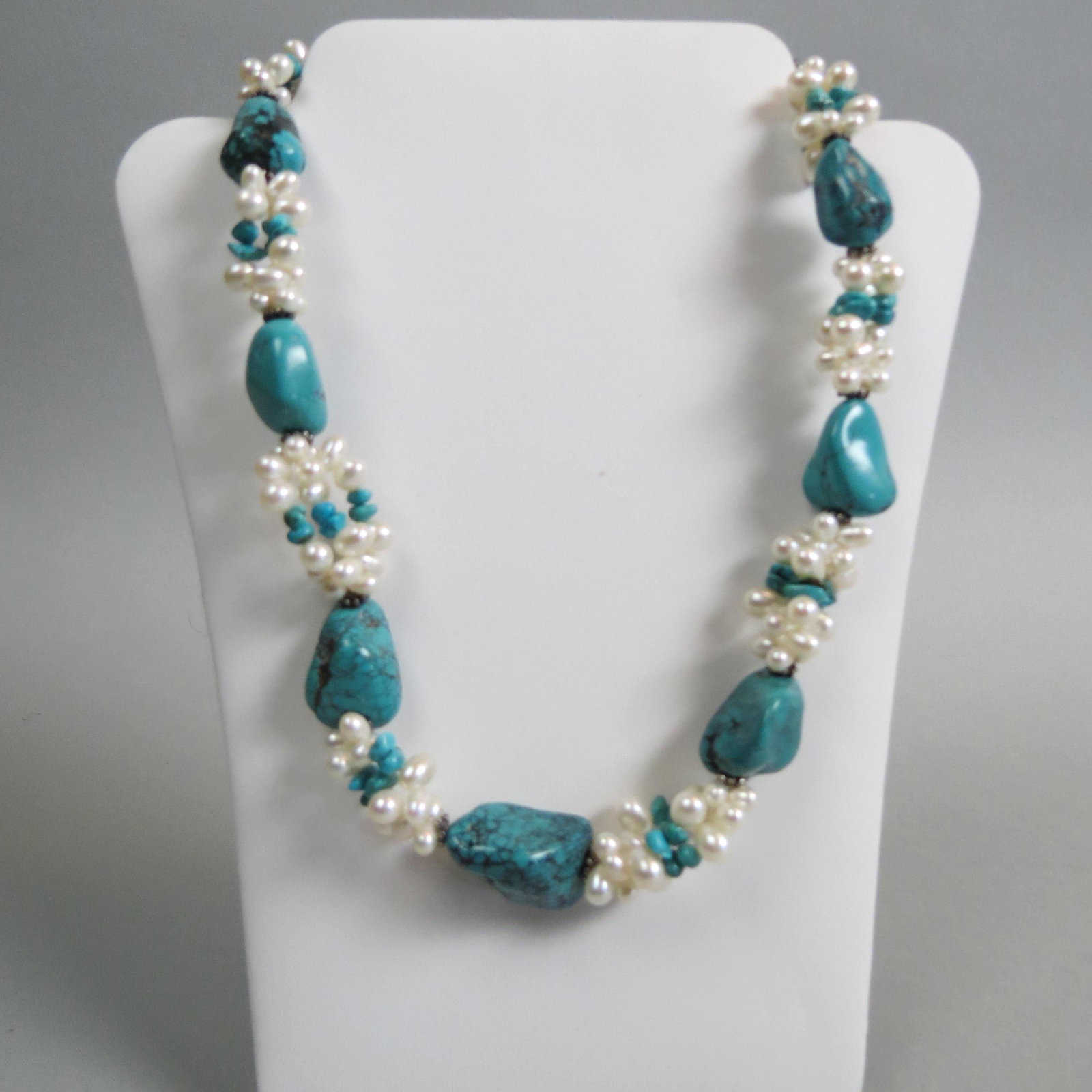 Turquoise & Pearl Necklace,: natural beads, up to 18" long.