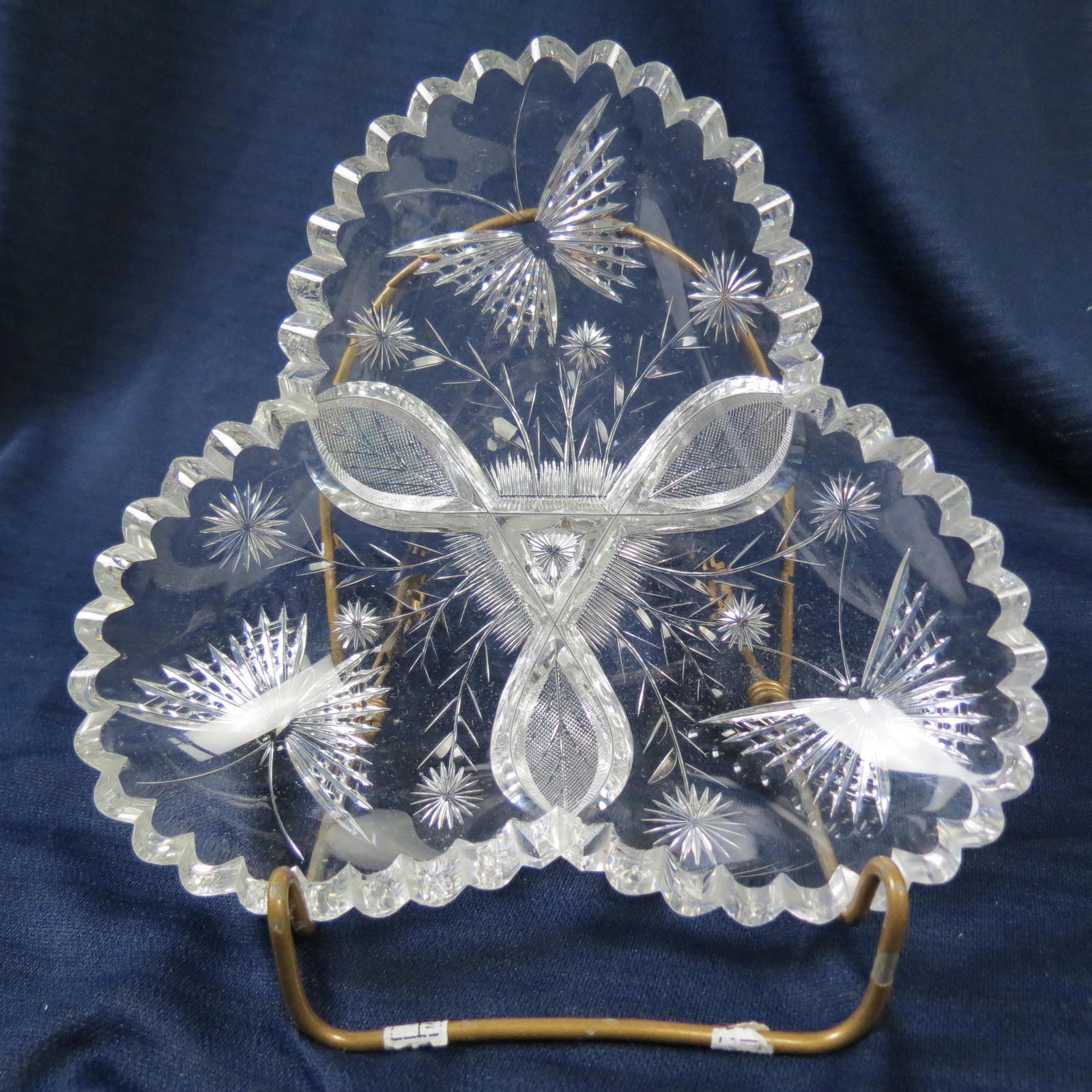 Pairpoint Brilliant Period Cut Glass Triangular Dish,: "Colias" pattern, butterflies and floral, 6 1/2".
