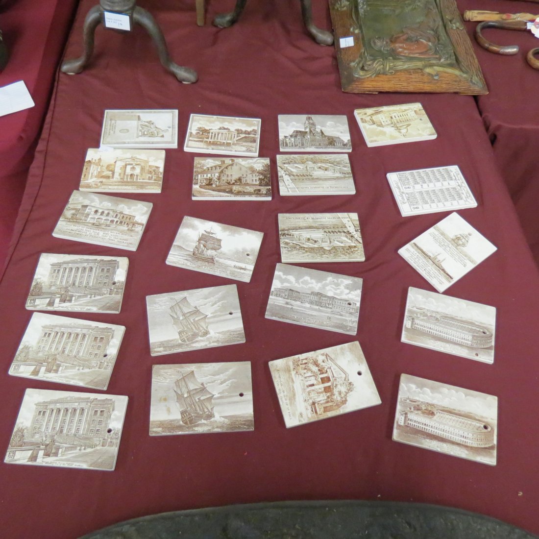 Collection of 21 Wedgwood Calendar Tiles, 1895-1928,: mixed, see list in photo section, all brown transferware scenes on one side and calendar on the other, scenes include American landmarks, Harvard, Boston and more, each 3 1/2\\\" X 4 3/4\\\", most are