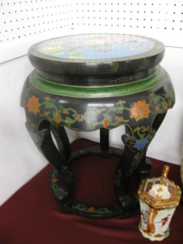 Chinese Cloisonne & Lacquer Garden Stool, bird & fl: bird & floral, 21" tall, 18" diameter.