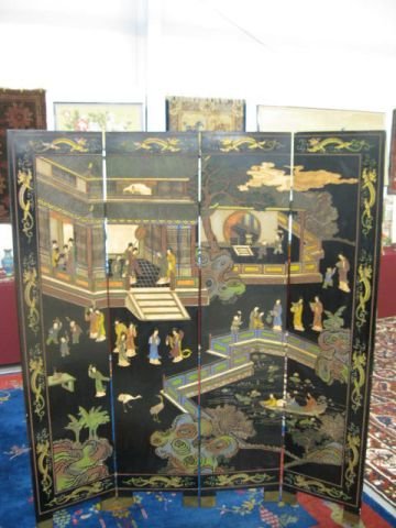 Chinese Coromandel Lacquer Screen, four panel, car: four panel, carved family scenes on one side, birds and florals on other side, 72" tall, 64" wide.