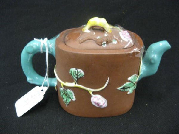 Chinese Redware Pottery Teapot, berry & Vine Decor: berry & Vine Decor, 4",signed.