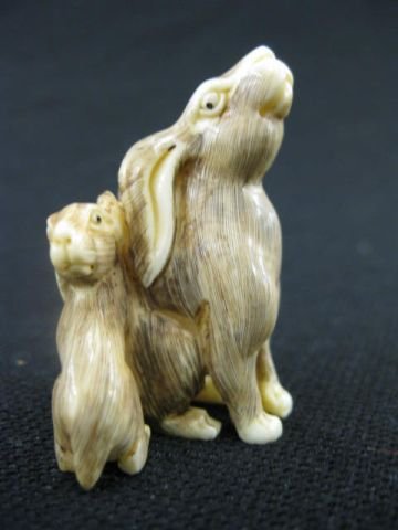 Carved Ivory Netsuke of Two Rabbits, 1 5/8", signe: 1 5/8", signed, hippo ivory.