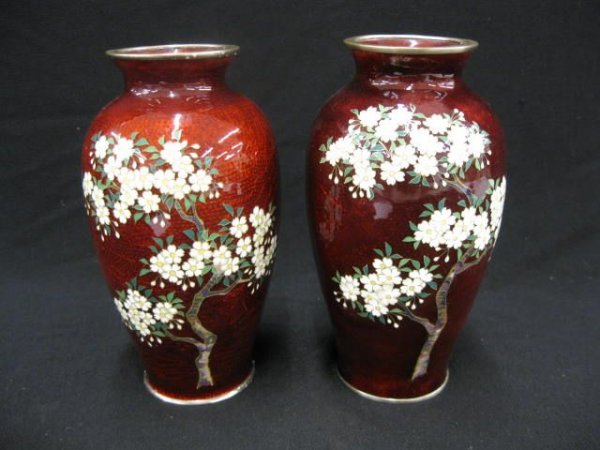 Pair of Japanese Sato Cloisonne Vases, superb cher: superb cherry blossom trees on red field, silver wire work, 7 1/2".