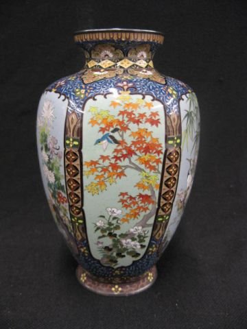 T. Kato Japanese Cloisonne Vase, original box, sig: original box, signed, outstanding silver signed, panels with various birds & foilage, silver rims, 6 1/8" tall, excellent.