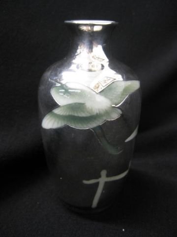 Silver Overlay Porcelain Vase With Flying Crane de: design, signed, 4 1/2" tall, excellent.