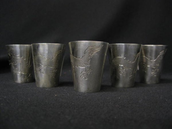5 Chinese Export Sterling Shot Glasses or Cordials: or Cordials, engraved dragon decor, 1 3/8" tall, signed.