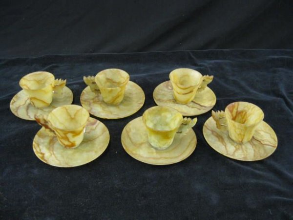 6 Carved Jade Cups & Saucers, mutton fat coloring : mutton fat coloring with brown veining.