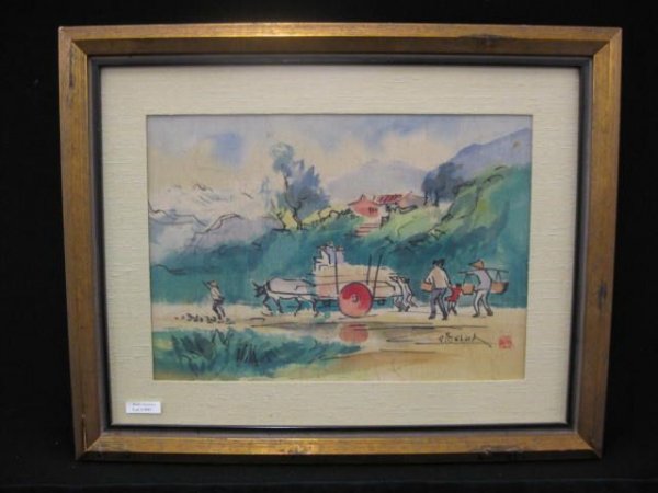 Oriental Print, family with ox cart, signed, image: family with ox cart, signed, image area approx 12" x 16".