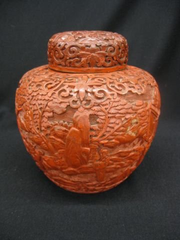 Chinese Carved Cinnabar Ginger Jar, elaborate lan: elaborate landscape, 6" tall.