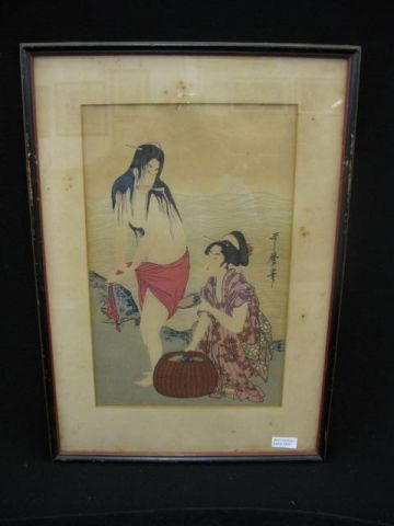Utamaro Japanese Woodblock Print, Awabi divers,: 1769-1825, approx 9" x 14", abalone diver, right panel of a triptych, famous image, estate of Mrs. Ogg of Hendersonville, NC