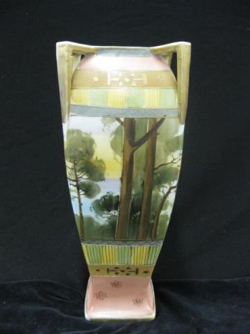 Nippon Handpainted Porcelain Vase, lake scene wit: lake scene with man in rowboat, satin finish, gold trim, 13", a beauty!