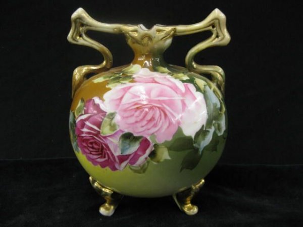 Nippon Handpainted Porcelain Vase, floral, ribbon: floral, ribbon handles, trio-footed, 7".
