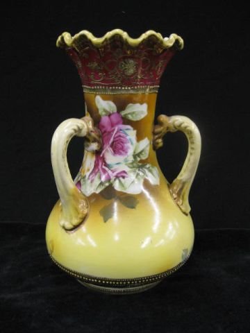 Pre-Nippon Handpainted Porcelain Vase, tri-handle: tri-handled, rose decor, 10".