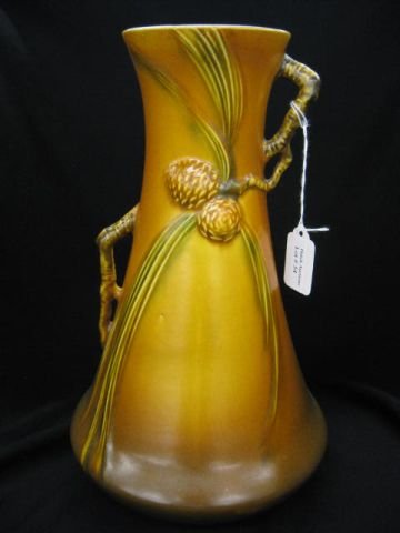 Roseville Pinecone Art Pottery Vase, brown, handled: #712, 12" tall, excellent.