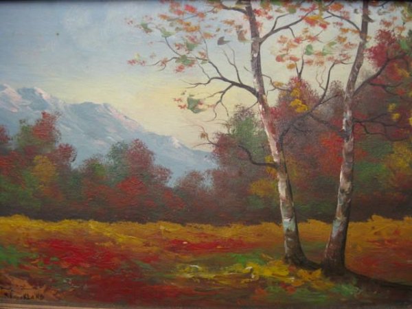 L. Strickland, Oil, Autumn Landscape with Birches : image area 7" x 10", on studio board.
