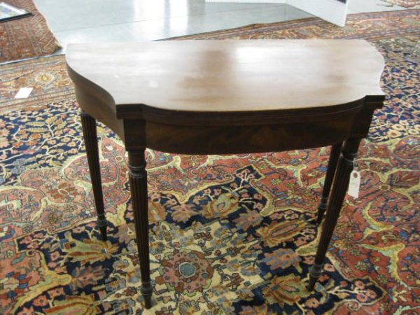 Sheraton Card Table, Ogee ends, bow front, : fluted tapered legs, 36" wide, 29" tall, 18" deep.