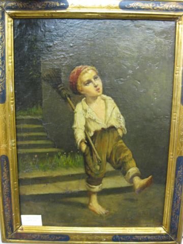 Victorian Oil of Young Boy with Broom, "Strolling : Along", canvas on board, 11" x 15", signed (illegible) in Italian frame.
