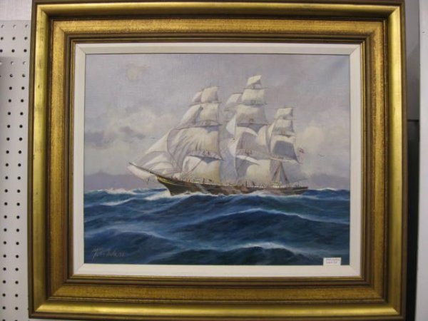 M.C. Waite, Oil on Canvas, "Racing the Wind", : Tea clipper, image area 16" x 20", fine detail. - i believe his name is malcolm. as a child i can remember visting his studio every yr back in the 70's while on summer vacation. he and his wife were b