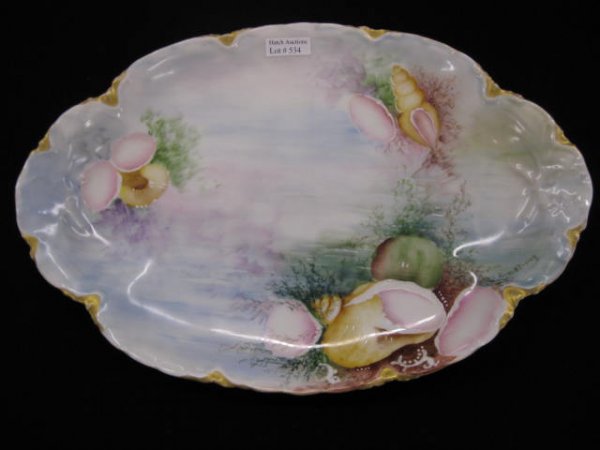 Haviland Limoges Handpainted Platter, : seashell & aquatic decor, artist signed Armstrong, 9" x 13 1/2".