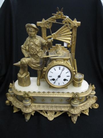 French Victorian Figural Bronze & Alabaster Clock: depicts a blacksmith, movement by Japy, 15" wide, 15" tall, working.