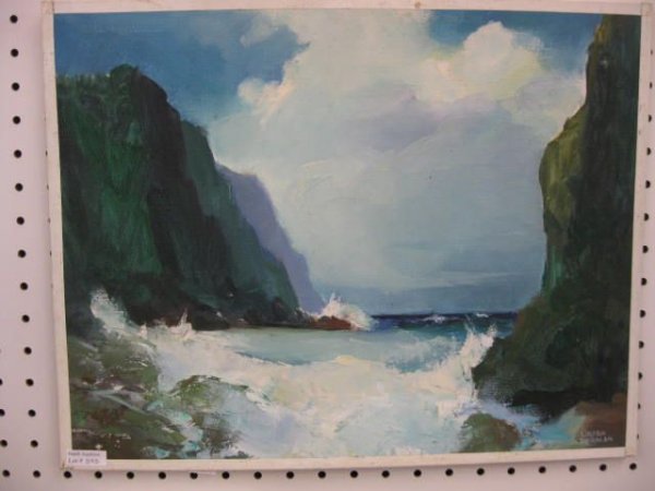 S. Lucien Denman, Oil "Kauai-Coastline" : Davenport listed artist, architect and set & costume designer for Warner Brothers, from Oma Hester estate, Hickory (son-in-law), image area 13" x 17". Born in Texas on June 10, 1893. Denman studied ar