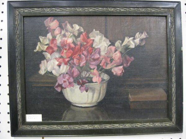 William Turner, Oil, "Sweet Peas", floral: still life, original label on back, 11" x 14" image area, William Lakin Turner, well listed artist.