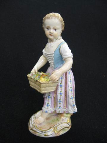 Meissen Porcelain Figurine of Girl with Basket: of flowers, face trim, 5 1/4", crossed swords mark, 19th century.