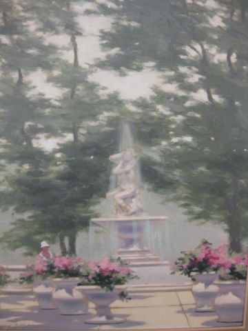 Andre Gisson, Oil on Canvas, fountain scene: fountain scene with figure & potted flowers, 24" x 30", signed, excellent, well listed auctiom, a fine larger example. ANDERS GISSON Gisson, or Andre Gisson, is the brush name of Anders Gittelson (192