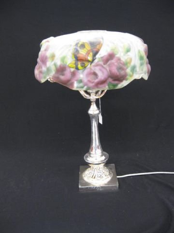 Pairpoint "Puffy" Reverse Painted Lamp, butterfly : and floral, 14" shade, silverplate base, all signed, excellent.