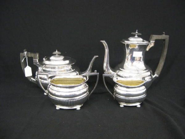 4 pcs. English Silverplate Tea & Coffee Service,: ribbed, ebony handles, footed, excellent.