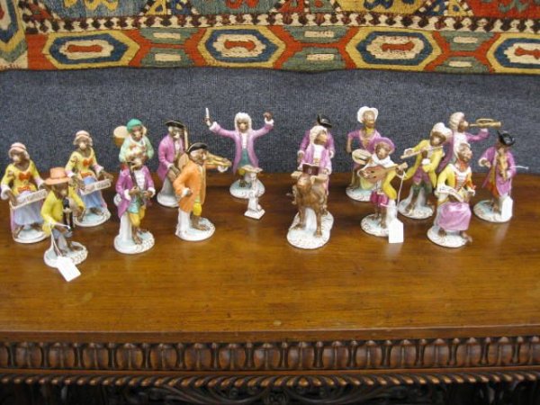 16 pc. Monkey Band Set of Porcelain Figurines, : The British National Trust Collection, Chelsea House, Port Royal, original cost over $4000 for the set, each approx. 6", excellent.