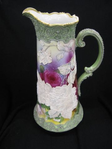 Nippon Moriage Porcelain Tankard, elaborate : handpainted roses and applied roses, quite stunning, 15 1/4", only one petal shows loss, quite amazing.