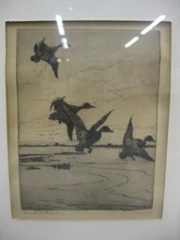 Frank Benson, Etching, Ducks in Flight, pencil: signed, 5" x 7" image area, famous artist.