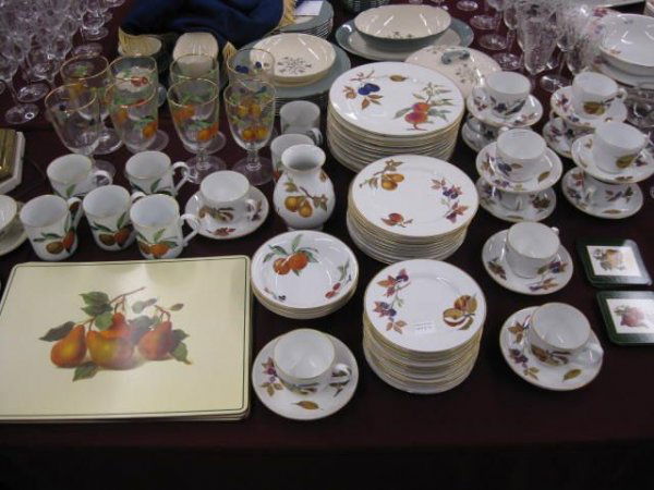 76 pcs. Royal Worcester "Evesham" China, crystal &: & related items; includes dinner service, goblets, placemats & more, excellent.