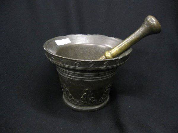 1673 Bronze Mortar & Pestle,: 5" tall, 6 1/2" diameter.
