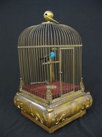 Victorian Bird in Cage Mechanical Music Box,: keywind, natural feathers, elaborate cage, 19" tall, 10" wide, working.