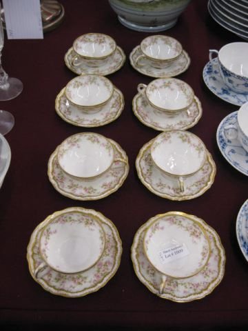 Set of 8 Theodore Haviland Limoges Cups & Saucers: elegant floral & gold, excellent.