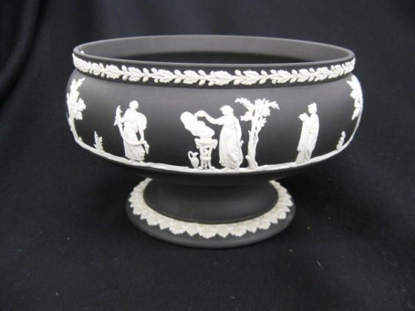 Wedgwood Black Jasperware Centerpiece Bowl,: classical scene with maiden, 8" diameter, 5" tall, excellent.